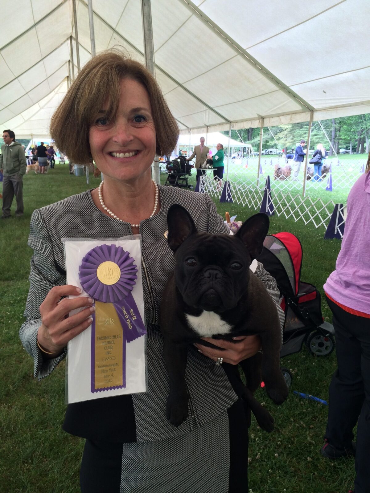 Woman holding a French bulldog and an AKC ribbon under a tent at a dog show.