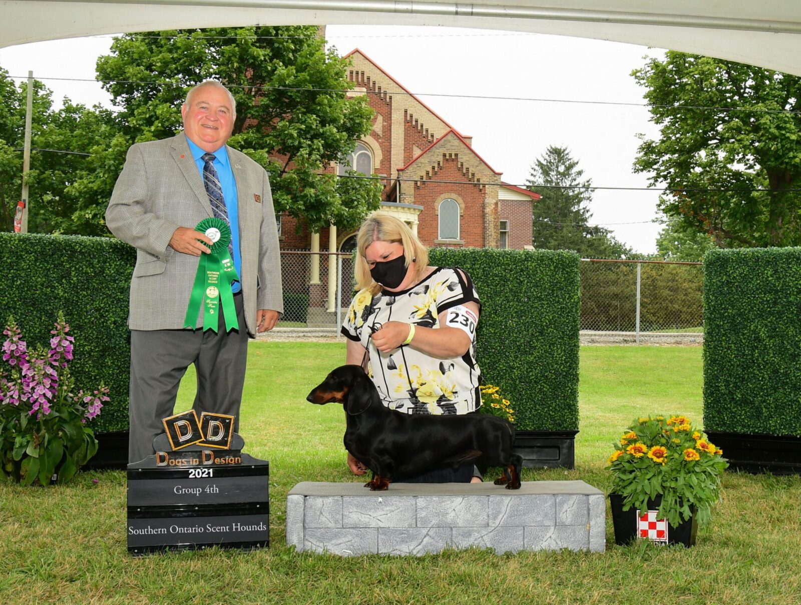A man in a suit holds a green ribbon while a woman kneels beside a dachshund on a podium, surrounded by greenery and flowers.