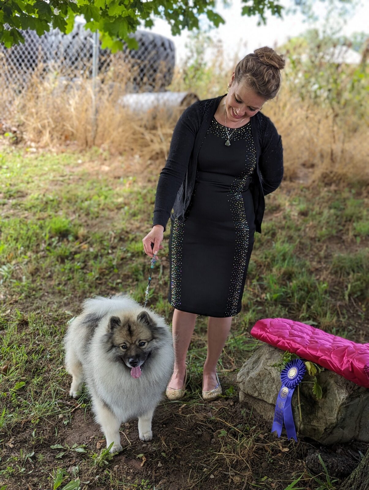 A woman in a black dress stands beside a fluffy dog, with a pink blanket and blue ribbon resting on a rock nearby.