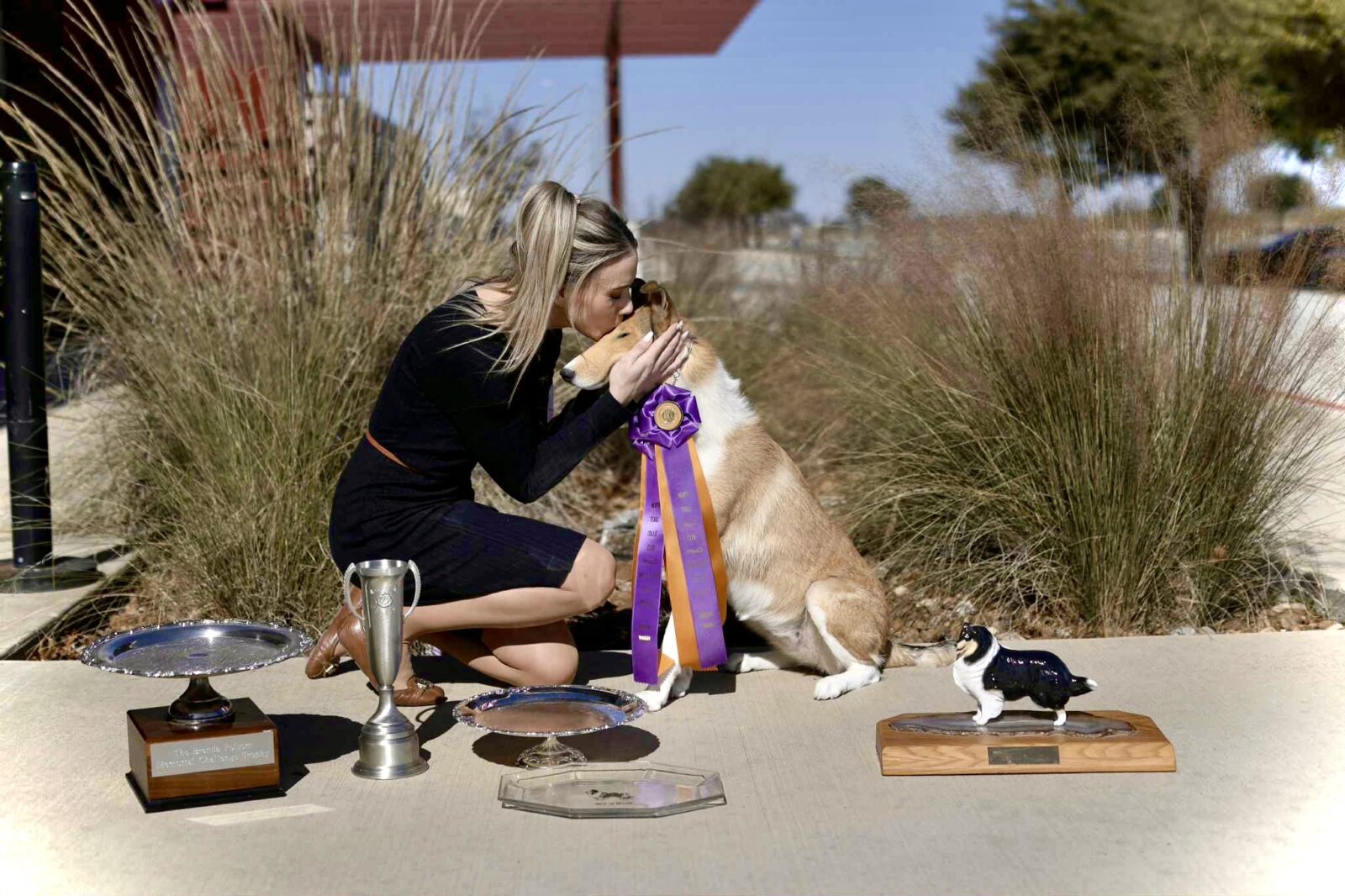 Woman kissing a winning collie with purple and orange ribbons.