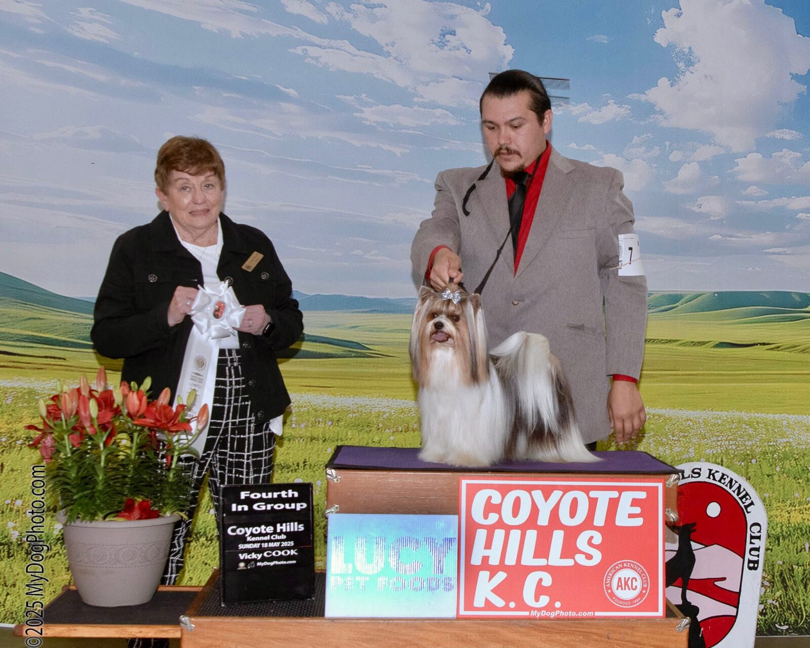 A woman holds a ribbon beside a man presenting a small dog on a podium, with a scenic backdrop and flowers in the foreground.
