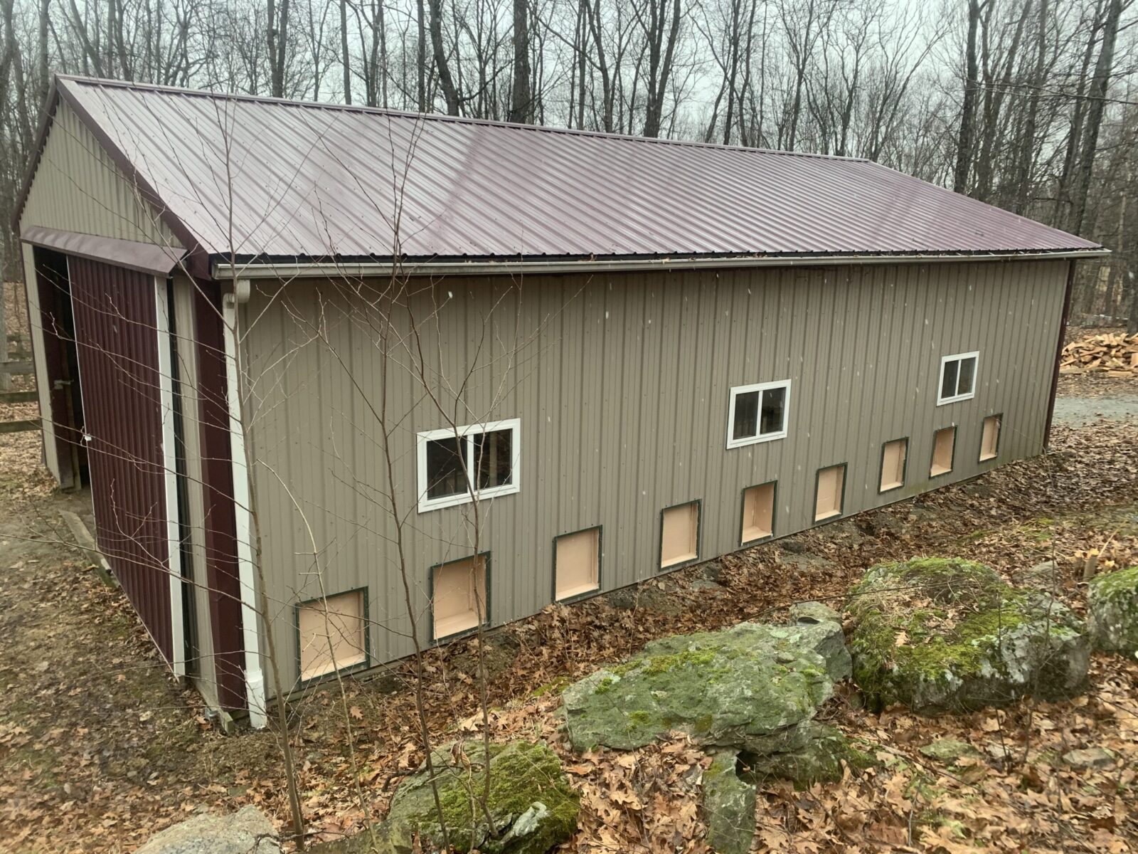 A large, beige barn with a maroon roof, featuring several small windows, surrounded by leaf-covered ground and bare trees.