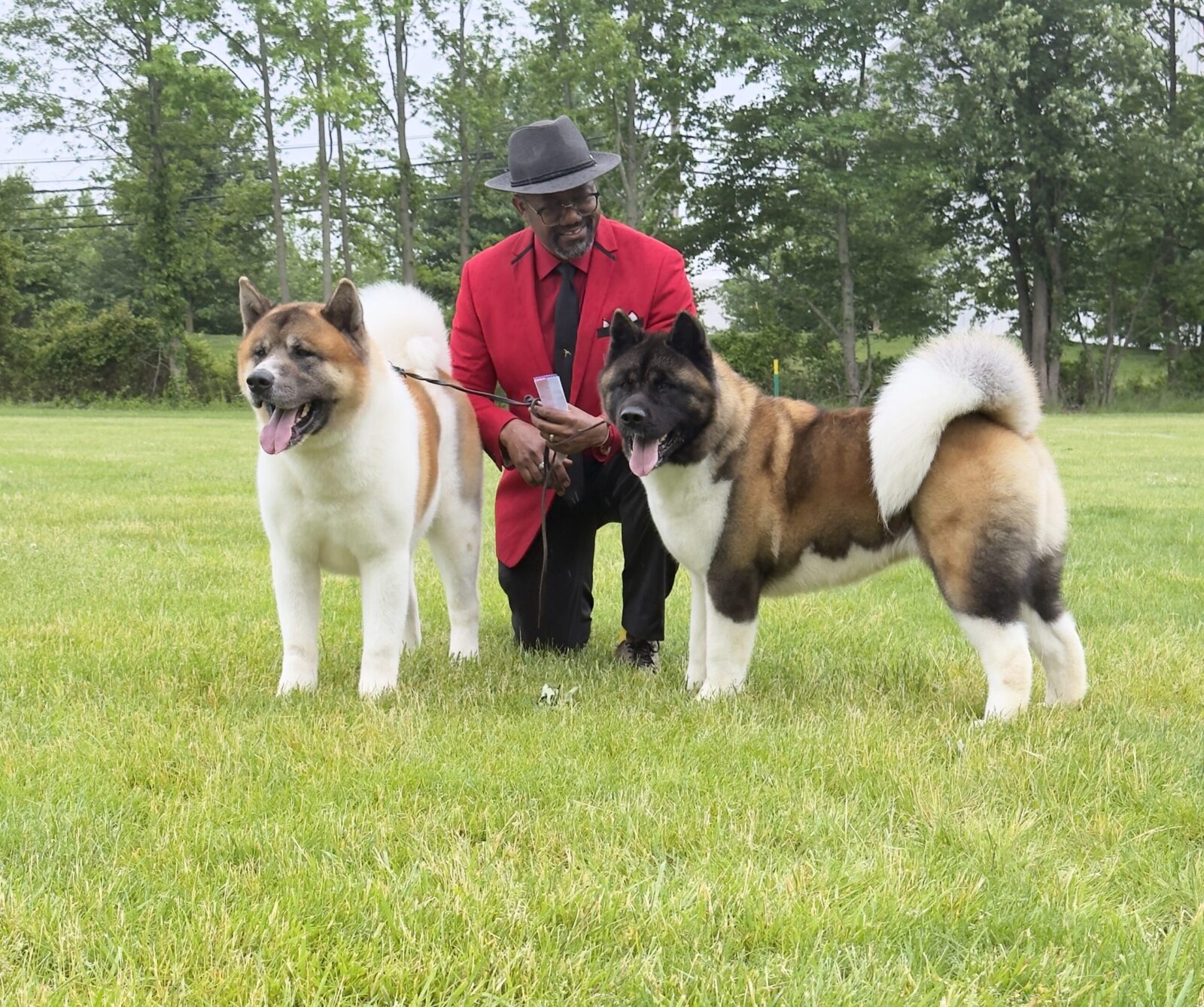 A man in a red suit kneels between two Akita dogs on a grassy field, both dogs smiling and looking at the camera.