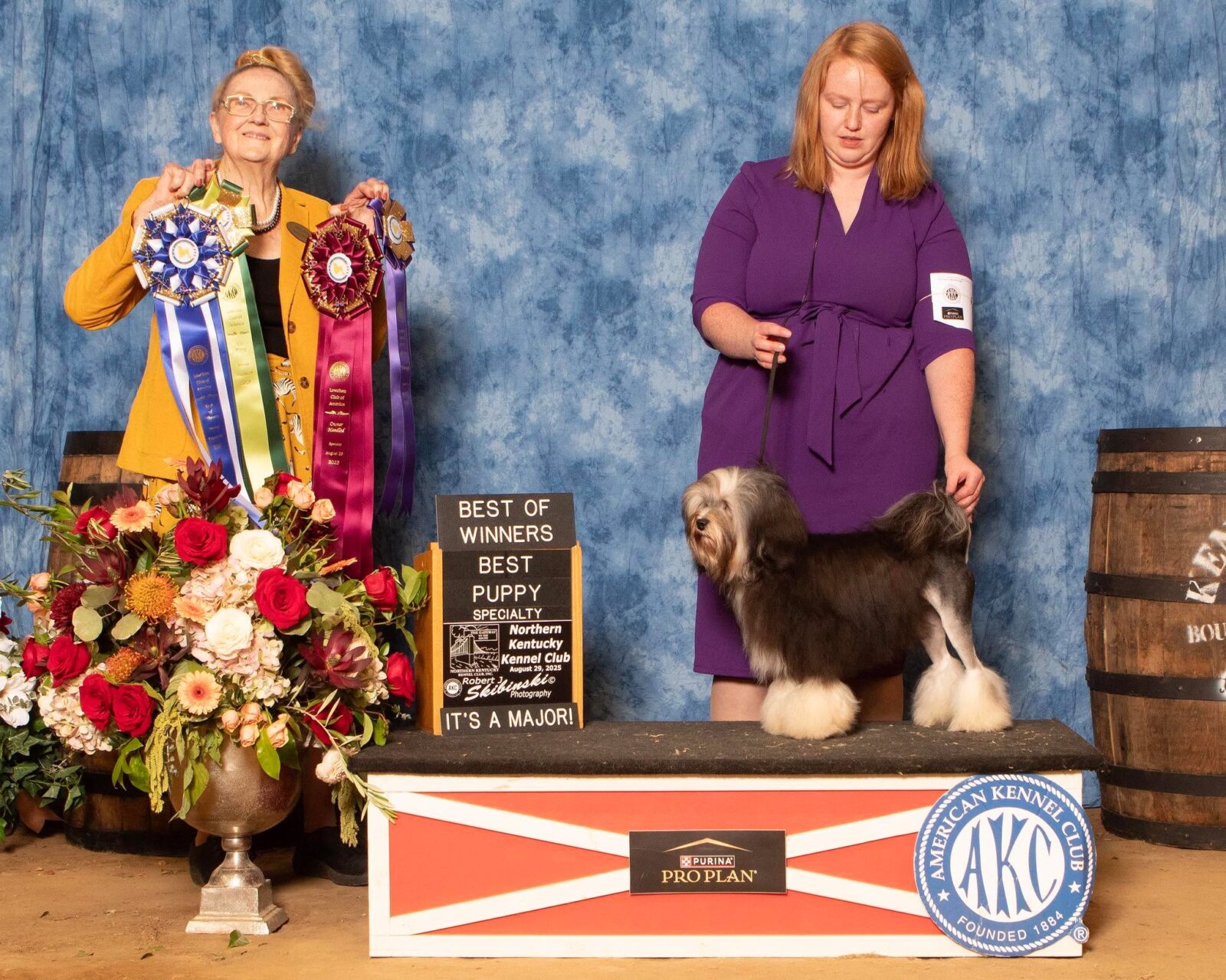 Woman with ribbons and a dog on a podium at a dog show.