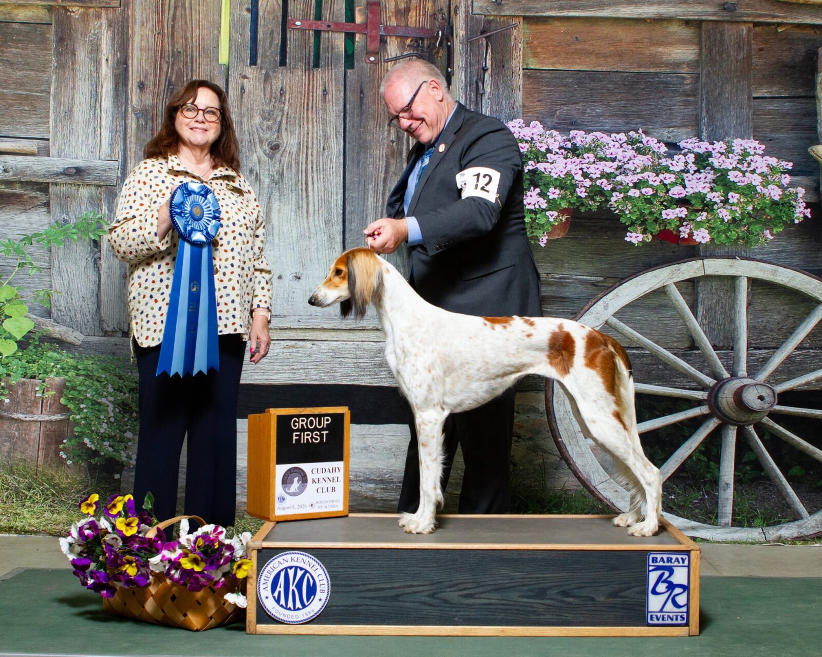 Woman and man with award-winning Saluki dog on podium.