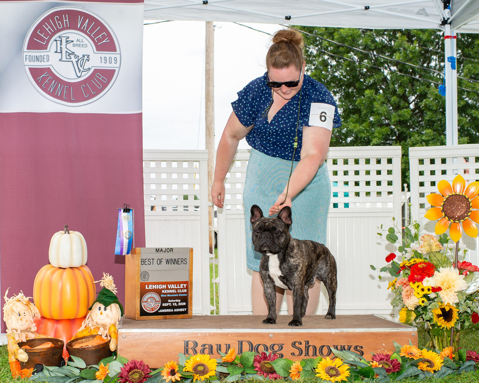 French Bulldog on a podium with a handler, award, and fall decorations.