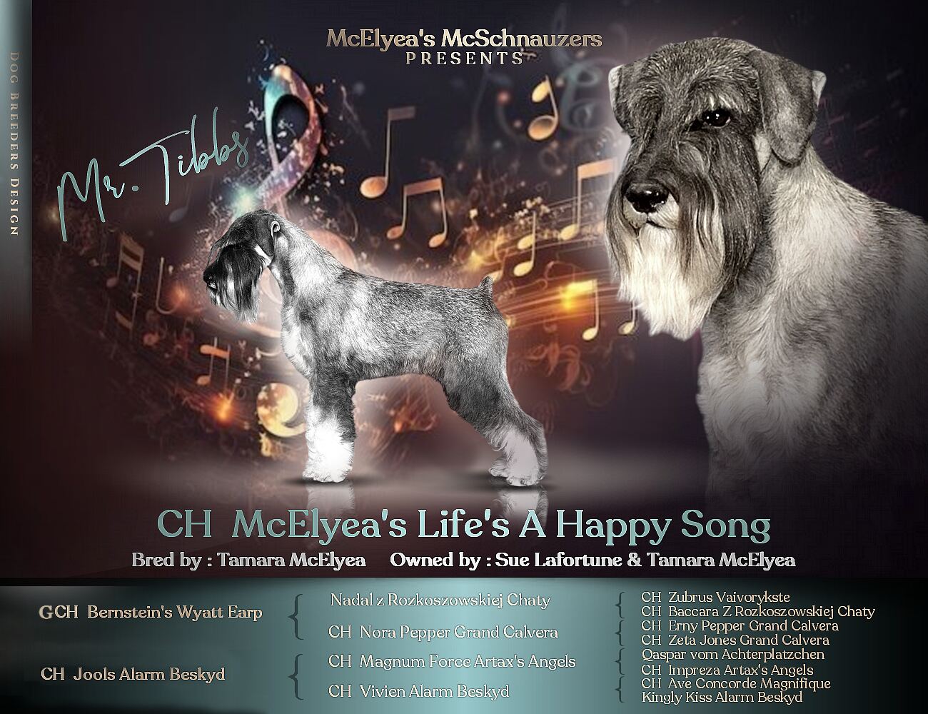 Two schnauzers, one standing, one headshot, with musical notes.